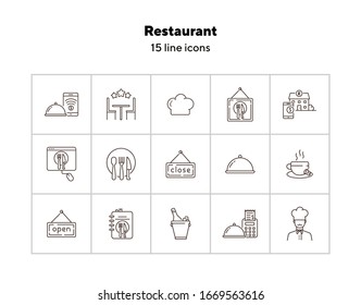 Restaurant line icon set. Chef, bill, dish, menu isolated outline sign pack. Restaurant business concept. Vector illustration symbol elements for web design and apps