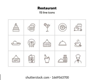 Restaurant line icon set. Chef, champagne in bucket, menu, coffee, meal isolated outline sign pack. Restaurant business concept. Vector illustration symbol elements for web design.