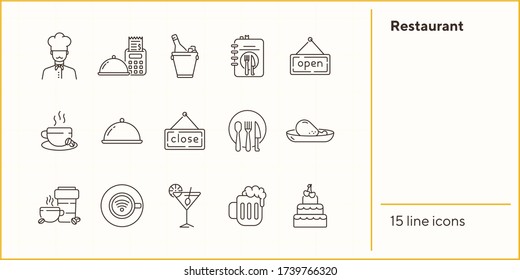 Symbol für die Restaurantlinie. Chef, Champagner in Eimer, Menü, Kaffee, Essen isolierte Umrissschild Packung. Restaurant Business Konzept. Vector Illustrationssymbole für Webdesign.