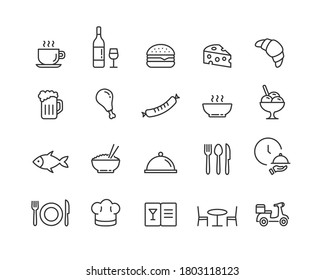 Restaurant line icon set with editable stroke. Outline collection of 20 symbols. Food and drink icons. Vector illustration.