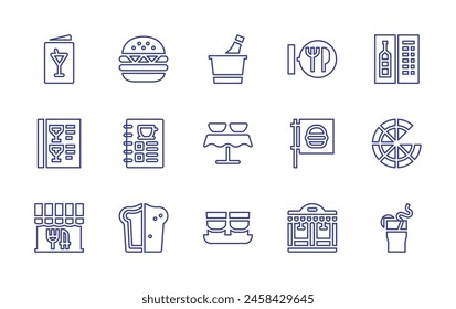 Restaurant line icon set. Editable stroke. Vector illustration. Containing menu, burguer, restaurant, panettone, cocktail, pizza, shots, table, champagne, wine menu.