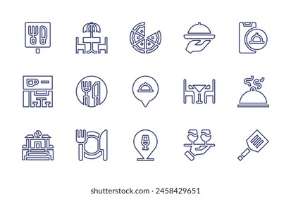 Restaurant line icon set. Editable stroke. Vector illustration. Containing restaurant, food tray, hot food, food delivery, pizza, cutlery, waitress, cafe, spatula, location, dinner.