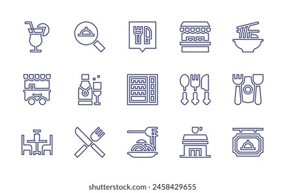 Restaurant line icon set. Editable stroke. Vector illustration. Containing food cart, cocktail, restaurant, cafe, street food, noodle, pasta, table, food and restaurant, cutlery, search, champagne.