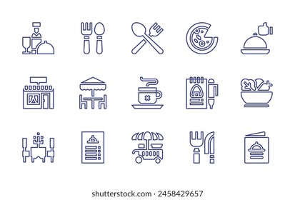 Restaurant line icon set. Editable stroke. Vector illustration. Containing menu, food cart, cutlery, healthy food, table, thumbs up, mug, restaurant, pizza, order.