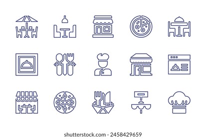 Restaurant line icon set. Editable stroke. Vector illustration. Containing restaurant, store, table, chef, cutlery, pizza, table reservation.