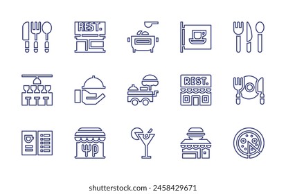 Conjunto de iconos de línea de restaurante. Trazo editable. Ilustración vectorial. Con cubiertos, edificio de restaurantes, martini, restaurante, Carrito de alimentos, pizza, café, olla, bar, menú.