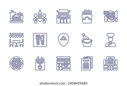 Restaurant line icon set. Editable stroke. Vector illustration. Containing pizza, terrace, fast food, chef, food and restaurant, restaurant, french fries, champagne, flyer, table.