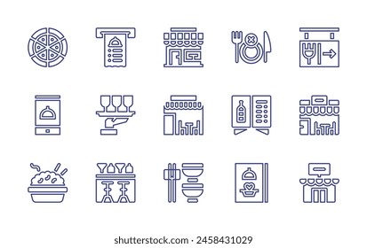 Restaurant line icon set. Editable stroke. Vector illustration. Containing rice bowl, pizza, restaurant app, asian restaurant, restaurant, hunger, catering, menu, bill, bar.