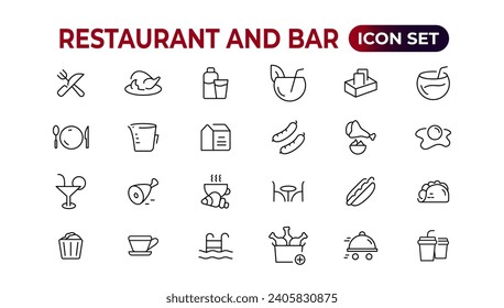 Restaurant line icons collection. Food, service, bar, alcohol icons. UI icon set. Thin outline icons pack. Vector illustration.
