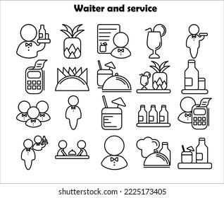 Restaurant Line Icons on a white background. Waiter and service.