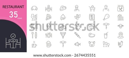 Restaurant Line Icons Set. Collection of 30 outline icons representing dining, food, beverages, kitchen, menu, cooking, service, and hospitality. Outline vector illustration.