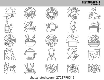 Conjunto de iconos de línea de restaurante con 25 iconos de contorno limpios y modernos relacionados con la comida, la cocina, los chefs, las herramientas de cocina y los servicios de restaurante. Incluye platos, comidas, utensilios de cocina, bandejas de servir, chefs, ingredientes y Elementos de comedor. Esta colección de íconos de Vector es ideal para menús de restaurantes, App de entrega de alimentos, marcas de cafeterías, Sitios web culinarios, diseño de UI UX, aplicaciones móviles, infografías, presentaciones y materiales impresos. Diseñados en un estilo de línea delgada consistente, todos los iconos son completamente editables, escalables y aislados sobre un fondo blanco para uso profesional digital e impreso.