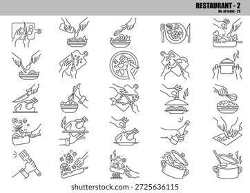 Conjunto de iconos de línea de restaurante con 25 iconos de contorno limpios y modernos que ilustran los procesos de cocción, preparación de alimentos y acciones profesionales de cocina. Incluye picar, rebanar, mezclar, condimentar, freír, hervir, servir platos, manos de chef y flujos de trabajo de cocina. Esta colección de iconos de Vector es ideal para menús de restaurantes, Sitios web culinarios, tutoriales de cocina, App de recetas, plataformas de entrega de alimentos, diseño de UI UX, infografías, presentaciones y marca de hospitalidad. Diseñados en un estilo de línea delgada consistente, todos los iconos son completamente editables, escalables y aislados sobre un fondo blanco para uso profesional digital e impreso.