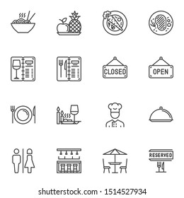 Restaurant line icons set. linear style symbols collection, outline signs pack. vector graphics. Set includes icons as food and drinks menu, restaurant tray, bar counter, reserved, open, closed, table