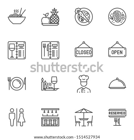 Restaurant line icons set. linear style symbols collection, outline signs pack. vector graphics. Set includes icons as food and drinks menu, restaurant tray, bar counter, reserved, open, closed, table