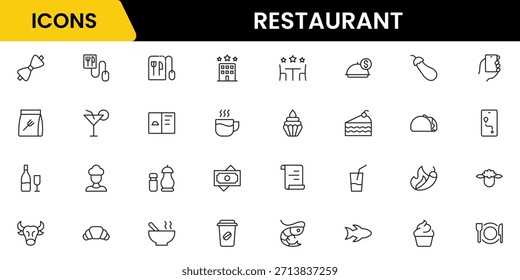 Symbole der Restaurantlinie. Restaurant, Speisekarte, Kochen, Trinken, Koch, Tisch, Cafeteria, Wein, Gericht und Essen. Vektorgrafik