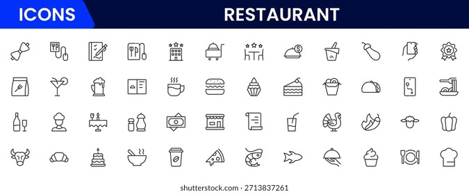 Restaurant line icons set. Restaurant, menu, cooking, drink, chef, table, cafeteria, wine, dish, and eating. Vector illustration