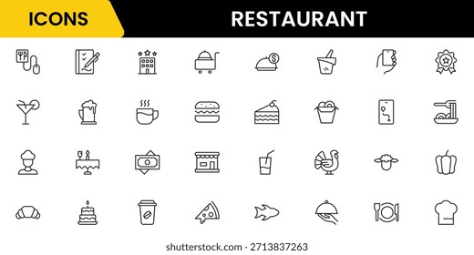 Conjunto de ícones da linha do restaurante. Restaurante, menu, cozinhar, beber, chef, mesa, cafeteria, vinho, prato e comer. Ilustração vetorial