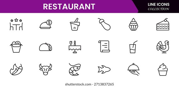 Conjunto de iconos de línea de restaurante. Restaurante, menú, cocina, bebida, chef, mesa, cafetería, vino, plato, y comer. Ilustración vectorial