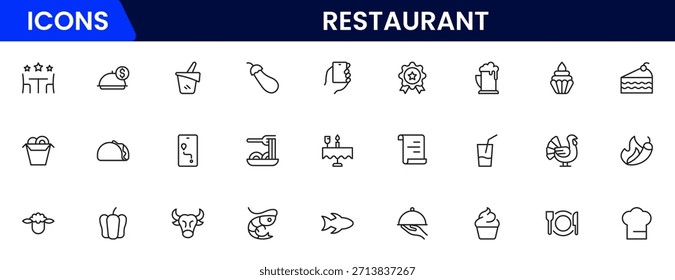 Conjunto de iconos de línea de restaurante. Restaurante, menú, cocina, bebida, chef, mesa, cafetería, vino, plato, y comer. Ilustración vectorial