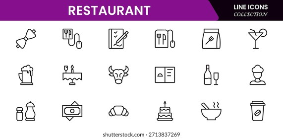 Restaurant line icons set. Restaurant, menu, cooking, drink, chef, table, cafeteria, wine, dish, and eating. Vector illustration