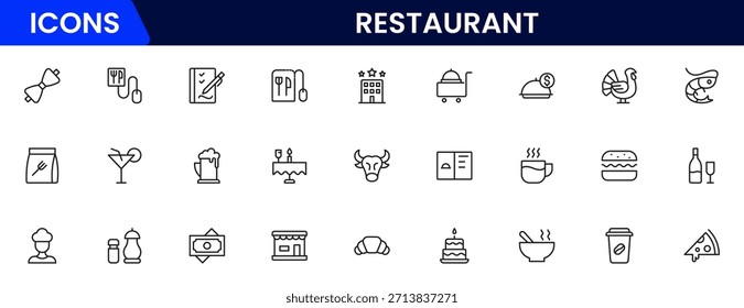 Restaurant line icons set. Restaurant, menu, cooking, drink, chef, table, cafeteria, wine, dish, and eating. Vector illustration