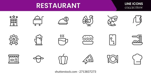 Conjunto de iconos de línea de restaurante. Restaurante, menú, cocina, bebida, chef, mesa, cafetería, vino, plato, y comer. Ilustración vectorial