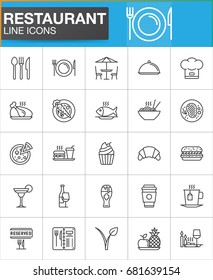 Restaurant line icons set, outline vector symbol collection, linear style pictogram pack. Signs, logo illustration. Set includes icons as food, cutlery, menu, dishware, dessert, steak, drink, vegan