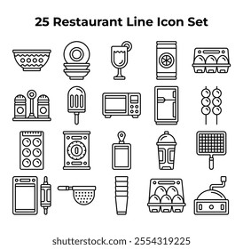 restaurant line icons show various kitchenware and food.