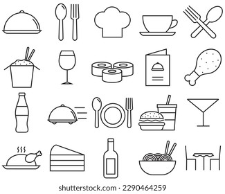 Iconos de juego de líneas de restaurante, vector de logotipo de café