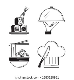 iconos de estilo de línea de restaurante configuran nodos de sushi y la ilustración vectorial de sombrero de chef