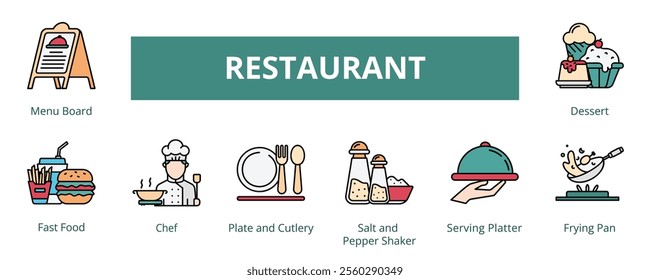 Restaurant Lineal Color Banner Web Icon Set Vector Illustration