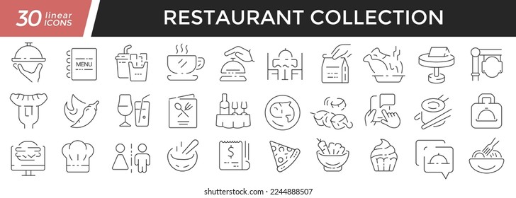 Lineare Symbole im Restaurant. Sammlung von 30 Symbolen auf Schwarz