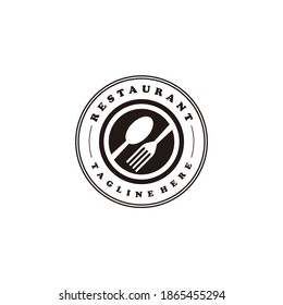 Restaurant linear logo with spoon and fork on white background