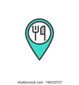Restaurant location with fork and knife filled outline icon, line vector sign, linear colorful pictogram isolated on white. Symbol, logo illustration. Pixel perfect vector graphics