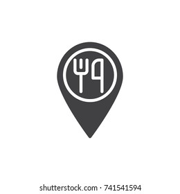 Restaurant location with fork and knife icon vector, filled flat sign, solid pictogram isolated on white. Symbol, logo illustration.