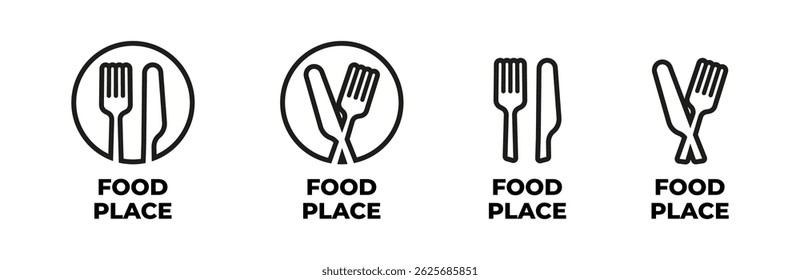 Restaurant location icon set with fork and knife in outline style. Food place symbol vector for map or interface use