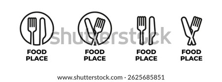 Restaurant location icon set with fork and knife in outline style. Food place symbol vector for map or interface use