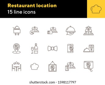 Restaurant location line icon set. Map pointer, dish, building, award star, wine isolated outline sign pack. Restaurant business concept. Vector illustration symbol elements for web design