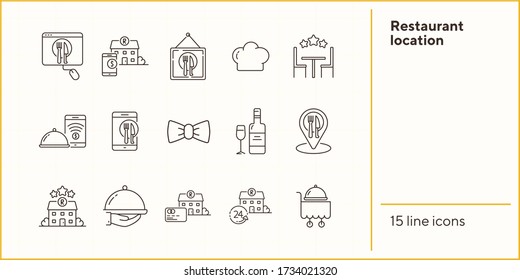 Restaurant location line icon set. Map pointer, dish, building, award star, wine isolated outline sign pack. Restaurant business concept. Vector illustration symbol elements for web design