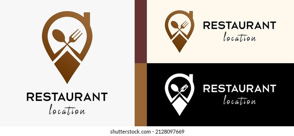 restaurant location logo design template with creative concept of spoon and fork in pin icon. map or location icon vector illustration, premium vector