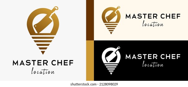 plantilla de diseño del logotipo de la ubicación del restaurante con el concepto creativo de la silueta de cuchillo en icono de pin. ilustración vectorial de icono de mapa o ubicación, vector premium