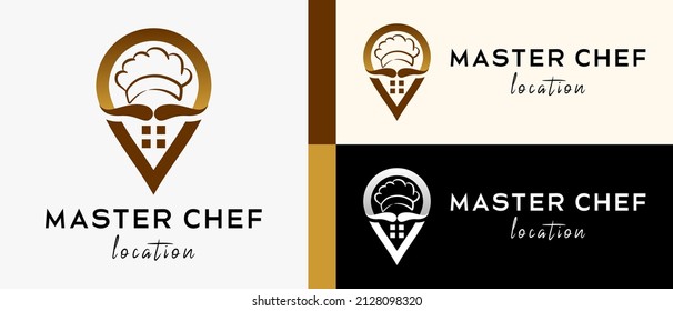 restaurant location logo design template with creative concept of chef hat and mustache in pin icon. map or location icon vector illustration, premium vector