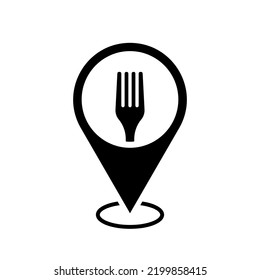 restaurant location map pointer, fork icon with location pin, black symbol isolated on white background, vector marker, food sign