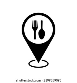restaurant location map pointer, fork and spoon icon with location pin, black symbol isolated on white background, vector marker, food sign