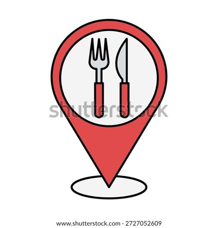 Restaurant location pin icon representing dining destinations, food places, navigation guidance, map markers, and local business discovery.