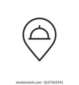 Pin de ubicación del restaurante, icono lineal. Punto de comida en un mapa. Línea con trazo editable.