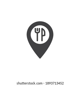 Restaurant location pin vector icon. filled flat sign for mobile concept and web design. Map point with fork and knife glyph icon. Symbol, logo illustration. Vector graphics