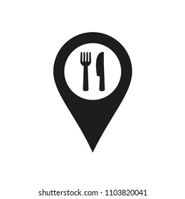 icono vectorial del localizador del restaurante, concepción de cuchillos y tenedores con icono de localizador en diseño plano moderno