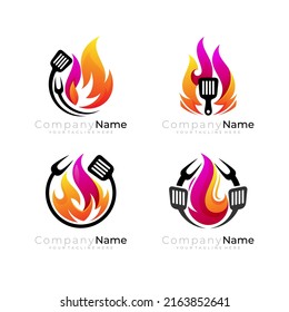 Restaurant logo and barbecue design template, Spatula and fire